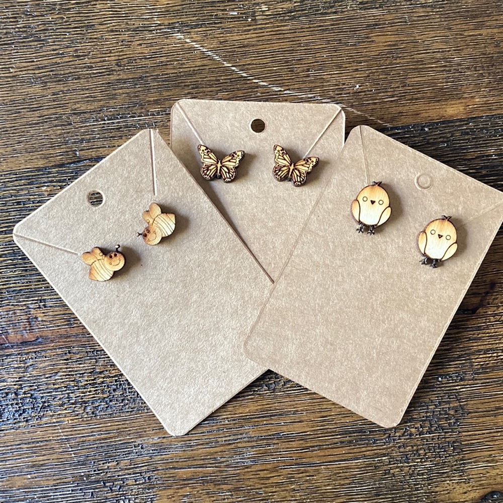 Set of 3 homemade wood earrings bees chicks butterflies